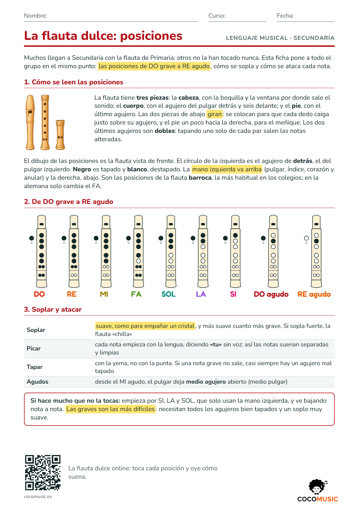 Posiciones de la flauta dulce: repaso para ESO (PDF)