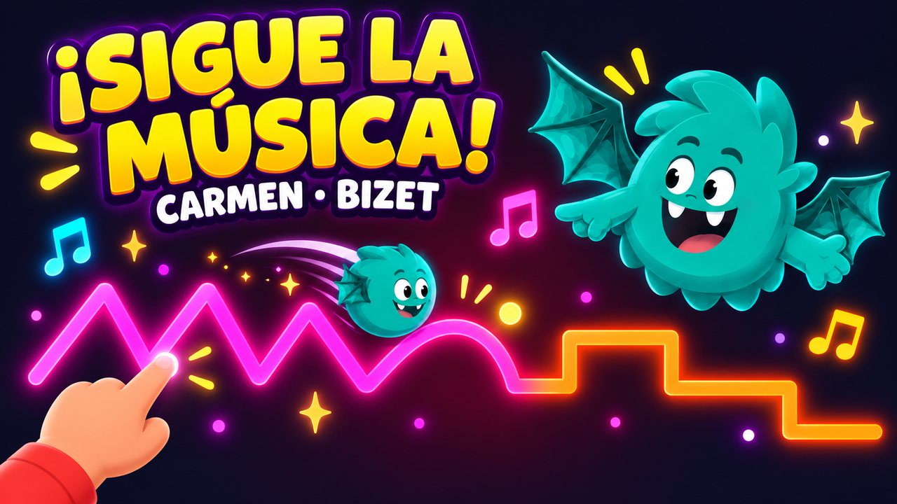 Musicograma de Carmen de Bizet: Sol hecho bolita recorre un zigzag rosa y unos escalones naranjas que un niño sigue con el dedo