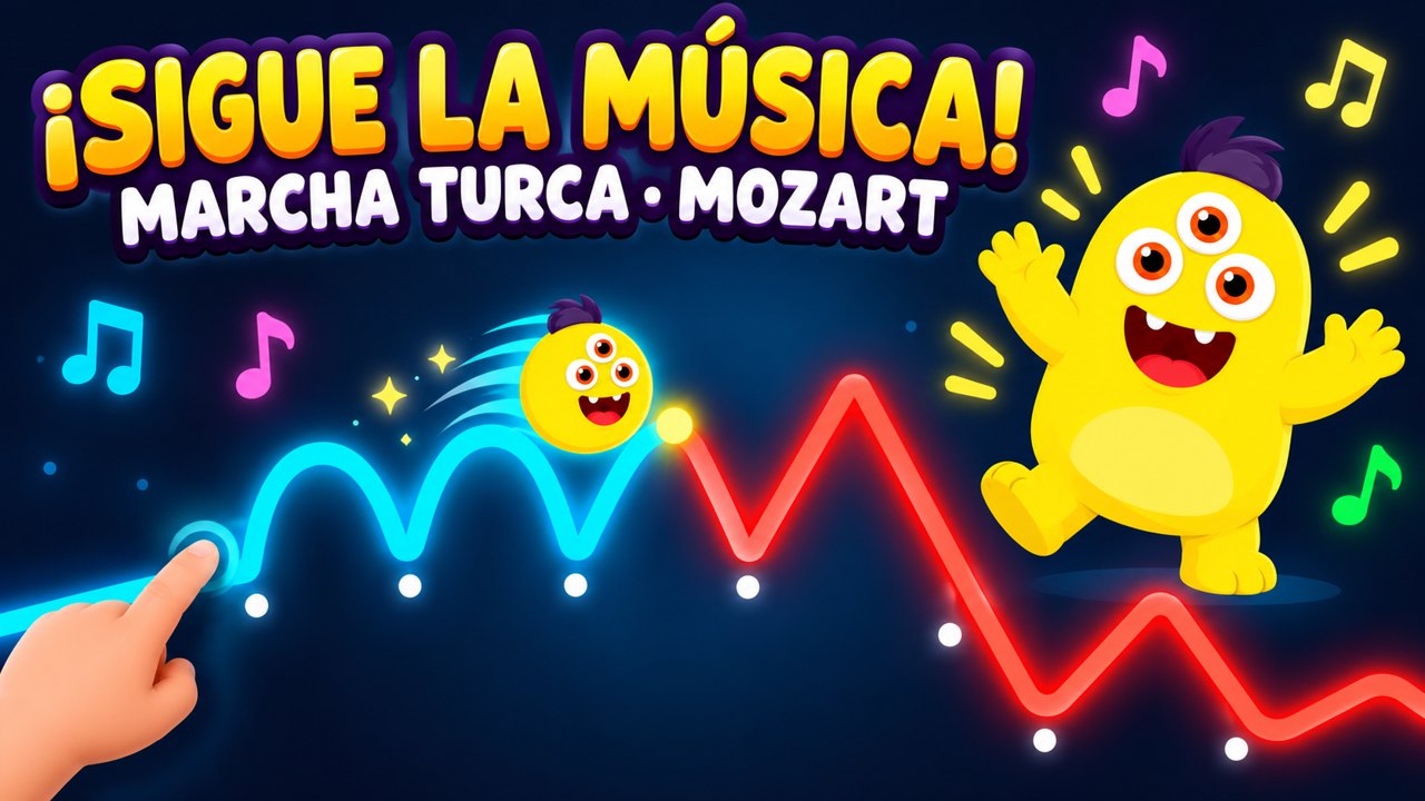 Musicograma de la marcha turca de Mozart: Milo hecho bolita recorre unos arcos azules y unos picos rojos que un niño sigue con el dedo