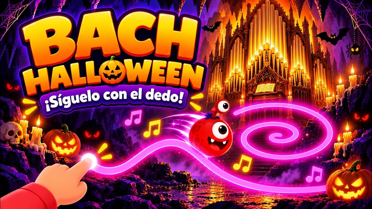 Musicograma de Halloween de la Tocata de Bach: Doby hecho bolita sigue un camino rosa en espiral hasta un gran órgano, en una gruta con calabazas, murciélagos y ojos, y un dedo que lo sigue