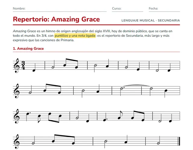 Ficha de flauta dulce para ESO: partituras de Amazing Grace y Scarborough Fair