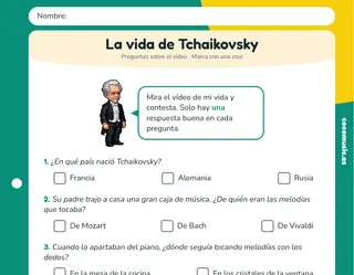 Ficha de preguntas sobre la vida de Tchaikovsky para niños: Tchaikovsky en pixel art y preguntas con casillas para marcar, verdadero o falso y unir con flechas