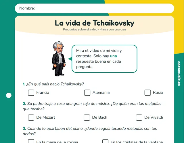 Ficha de preguntas sobre la vida de Tchaikovsky para niños: Tchaikovsky en pixel art y preguntas con casillas para marcar, verdadero o falso y unir con flechas