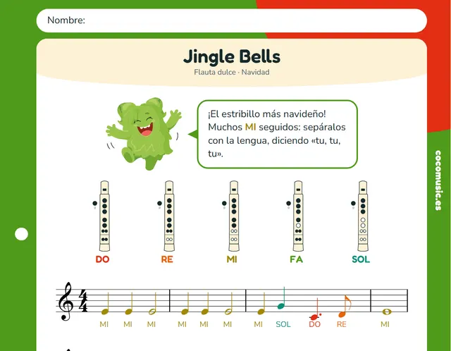Partitura de Jingle Bells para flauta dulce con el nombre de las notas