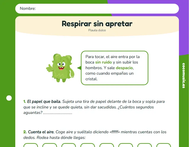 Ficha de flauta dulce: Respirar sin apretar: la respiración en la flauta