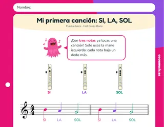 Partitura de Mi primera canción: SI, LA, SOL para flauta dulce con el nombre de las notas