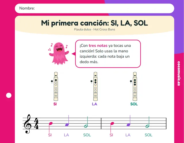 Partitura de Mi primera canción: SI, LA, SOL para flauta dulce con el nombre de las notas