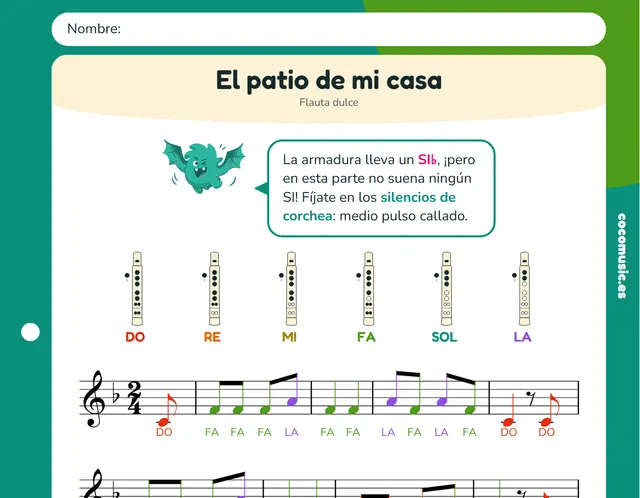 Partitura de El patio de mi casa para flauta dulce con el nombre de las notas