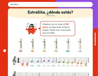 Partitura de Estrellita, ¿dónde estás? para flauta dulce con el nombre de las notas