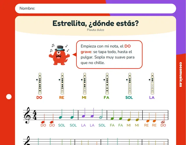 Partitura de Estrellita, ¿dónde estás? para flauta dulce con el nombre de las notas