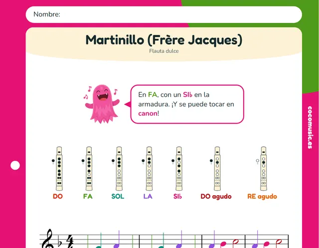 Partitura de Martinillo (Frère Jacques) para flauta dulce con el nombre de las notas