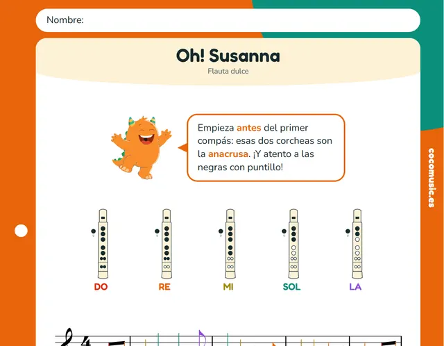 Partitura de Oh! Susanna para flauta dulce con el nombre de las notas