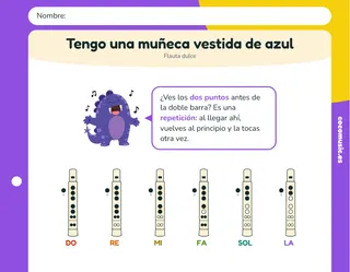 Partitura de Tengo una muñeca vestida de azul para flauta dulce con el nombre de las notas