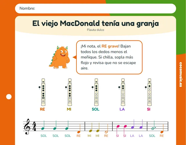 Partitura de El viejo MacDonald tenía una granja para flauta dulce con el nombre de las notas