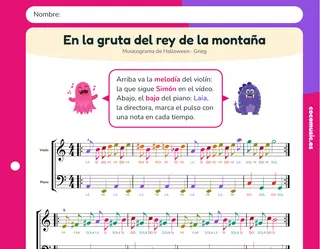 Ficha de música de Halloween: partitura en colores de En la gruta del rey de la montaña para violín y piano
