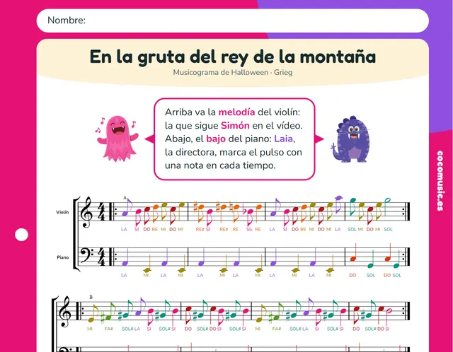 Ficha de música de Halloween: partitura en colores de En la gruta del rey de la montaña para violín y piano