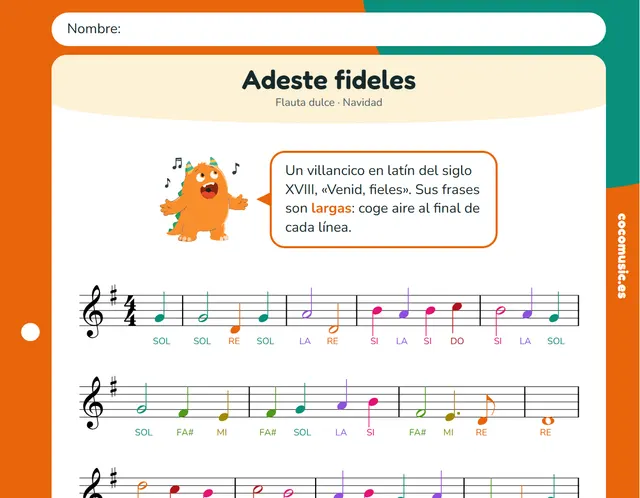 Partitura de Adeste fideles para flauta dulce con el nombre de las notas