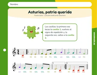 Partitura de Asturias, patria querida para flauta dulce con el nombre de las notas