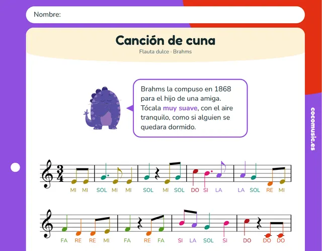 Partitura de Canción de cuna para flauta dulce con el nombre de las notas