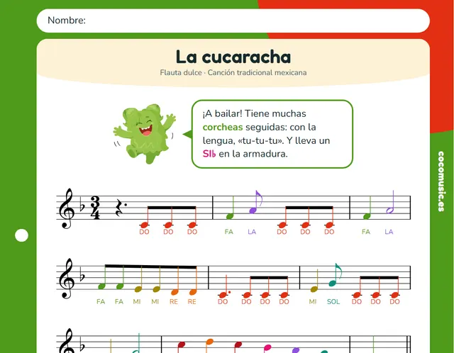 Partitura de La cucaracha para flauta dulce con el nombre de las notas