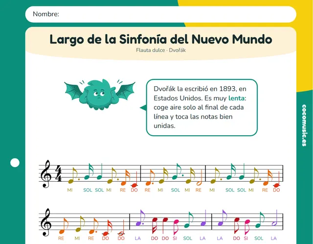 Partitura de Largo de la Sinfonía del Nuevo Mundo para flauta dulce con el nombre de las notas