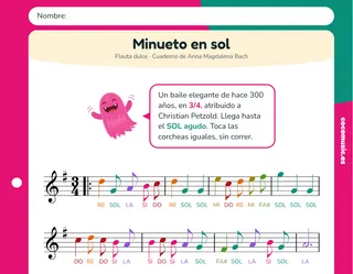 Partitura de Minueto en sol para flauta dulce con el nombre de las notas