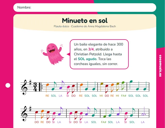 Partitura de Minueto en sol para flauta dulce con el nombre de las notas