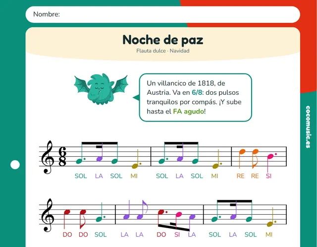 Partitura de Noche de paz para flauta dulce con el nombre de las notas