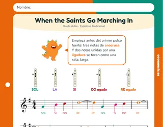 Partitura de When the Saints Go Marching In para flauta dulce con el nombre de las notas