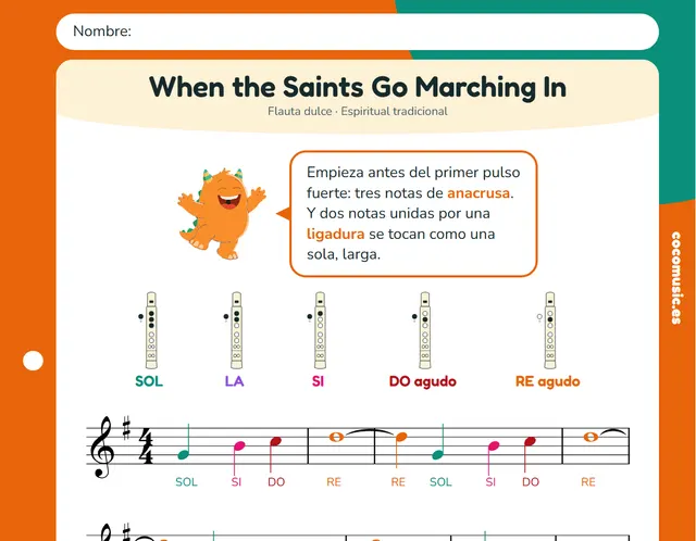 Partitura de When the Saints Go Marching In para flauta dulce con el nombre de las notas
