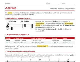 Ficha de acordes musicales para ESO: tríadas, grados, cifrado americano y acordes de ukelele