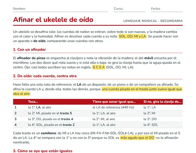 Ficha para ESO: cómo afinar el ukelele de oído, cuerda a cuerda desde el LA