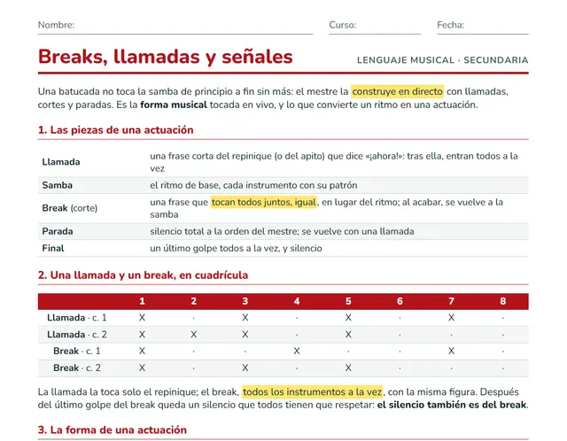 Ficha de breaks y llamadas de batucada para ESO: cuadrícula y forma de una actuación