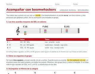 Ficha de acordes con boomwhackers para ESO: C, F y G en colores y acompañamiento