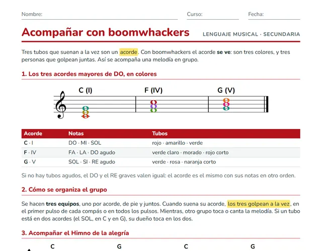 Ficha de acordes con boomwhackers para ESO: C, F y G en colores y acompañamiento