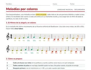 Ficha de boomwhackers para ESO: el Himno de la alegría con cada nota en su color