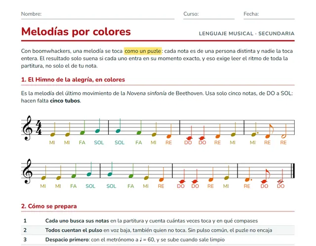 Ficha de boomwhackers para ESO: el Himno de la alegría con cada nota en su color