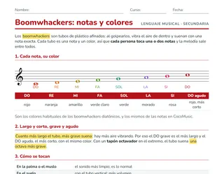 Ficha de boomwhackers para ESO: cada nota con su color en el pentagrama