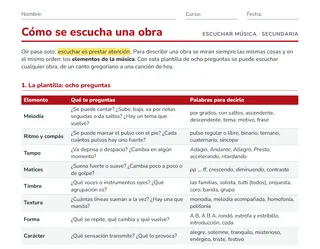 Ficha de audición musical para Secundaria: plantilla de ocho elementos con preguntas guía y vocabulario