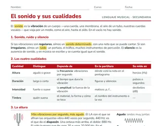 Ficha de las cualidades del sonido para ESO: altura, duración, intensidad y timbre, matices y tipos de voz