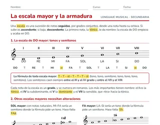 Ficha de la escala mayor para ESO: escala de DO con sus grados, tonos y semitonos, SOL mayor, FA mayor y la armadura