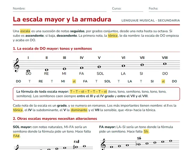 Ficha de la escala mayor para ESO: escala de DO con sus grados, tonos y semitonos, SOL mayor, FA mayor y la armadura