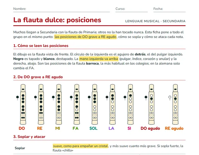 Ficha de flauta dulce para ESO: posiciones de DO grave a RE agudo en flauta barroca