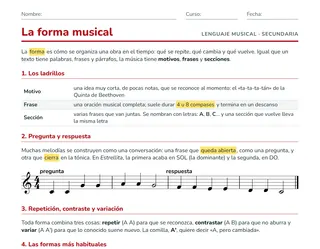 Ficha de la forma musical para ESO: motivo, frase, pregunta y respuesta y formas binaria, ternaria y rondó