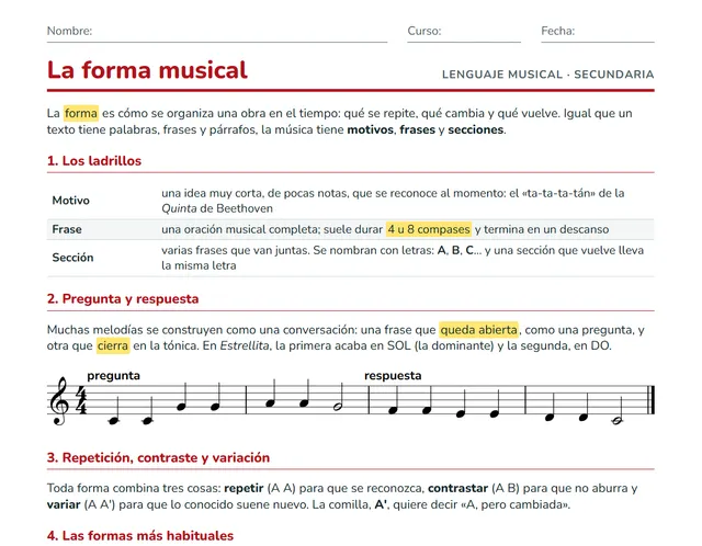 Ficha de la forma musical para ESO: motivo, frase, pregunta y respuesta y formas binaria, ternaria y rondó