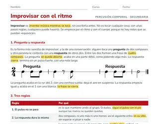 Ficha de improvisación rítmica para Secundaria: pregunta y respuesta en partitura de una línea y cuadrícula para inventar