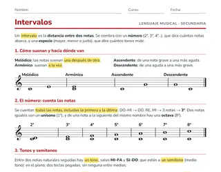 Ficha de intervalos musicales para ESO: clasificación por número y especie y tabla de tonos