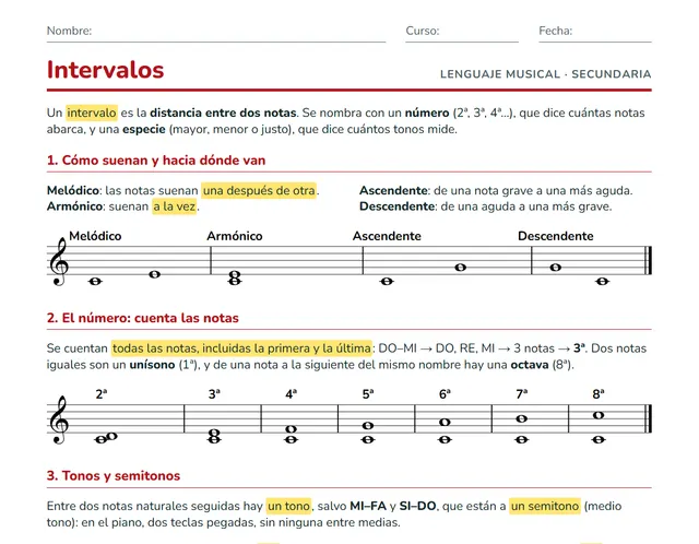 Ficha de intervalos musicales para ESO: clasificación por número y especie y tabla de tonos