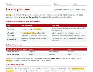 Ficha de la voz y el coro para ESO: aparato fonador, tipos de voz, muda y coro