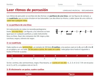 Ficha para leer ritmos de percusión en ESO: cuadrícula de semicorcheas y partitura de una línea
